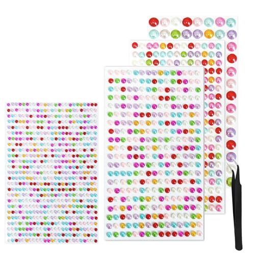 4 Blätter Selbstklebende Halbperlen Bunt, Perlen zum Aufkleben, Selbstklebende Perlen Sticker, Perlen-Aufkleber, für Gesicht, Make-up, DIY, Basteln, Haare, mit 1 Pinzette (3/4/5/6mm) von Altaroo