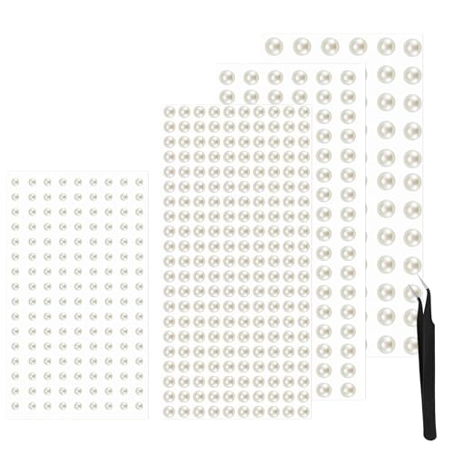 4 Blätter Selbstklebende Halbperlen Weiß, Perlen zum Aufkleben, Selbstklebende Perlen Sticker, Perlen-Aufkleber, für Gesicht, Make-up, DIY, Basteln, Haare, mit 1 Pinzette (3/4/5/6mm) von Altaroo
