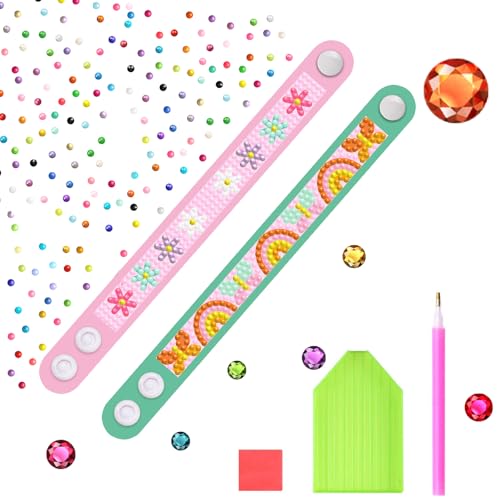 Altaroo 2 Stück Diamant Kunst Armband Set, Armbänder Selber Machen Blumen und Schmetterling, Diamond Painting Kinder ab 4, DIY Diamond Painting Bastelset Kinder ab 4 5 6 7 8 9 jahre (Rosa-Grün) von Altaroo