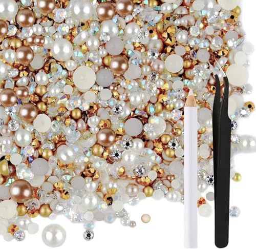 Altaroo 30g halbperlen Mix und Glitzersteine für Kunsthandwerk, Halbperlen und Glitzersteine 3mm-10mm Champagner Gold Weiß, Bastelperlen für Gesicht Nagel DIY Becher Becher Kunst Schuhe Kleidung von Altaroo