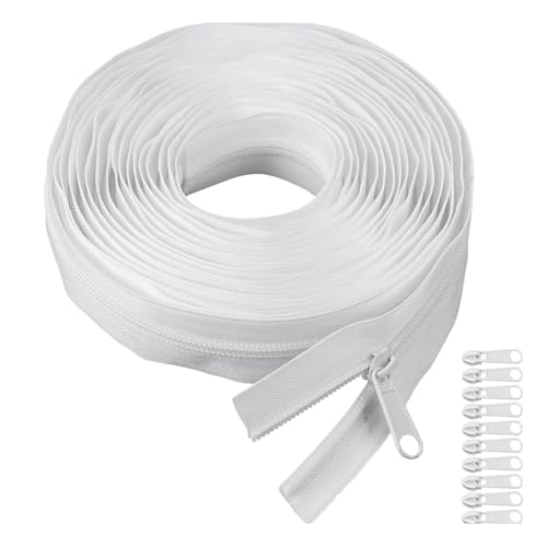 Altaroo Endlosreißverschluss mit Zipper, Reissverschluss Nylon Weiß 5m, ReißVerschluss mit 10 Zipper Metall Weiß, ReißVerschlüsse, Zipper, Reisverschluss Teilbar für Bettwäsche Kleidung Tasche von Altaroo