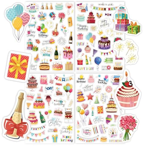 Altdeovk Sticker Geburtstag Gästebuch, 4 Blätter Motive Selbstklebende Aufkleber, Birthday Stickers, Fotoalbum Sticker für Gästebuch Party Dekoration, DIY Karten, Scrapbook für Kinder & Erwachsene von Altdeovk