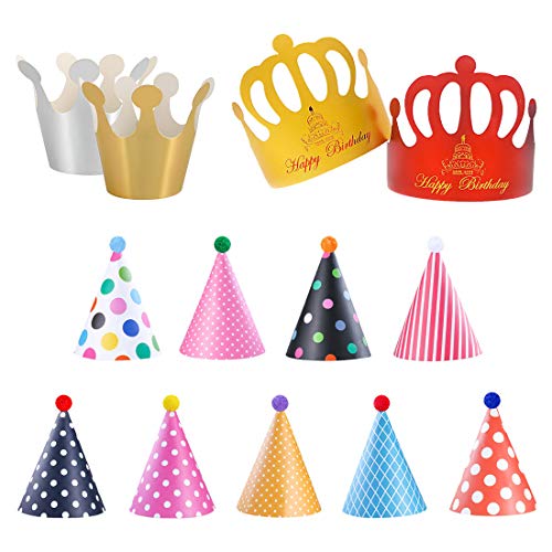 HONGECB Partyhüte, Geburtstag Dekoration Set, 9 Kegel Hüte mit Pom Poms, 2 Kleine Kronen, 2 Besondere große Kronen, Geeignet für Familienfeiern für Kinder und Erwachsene, 13PCS von HONGECB