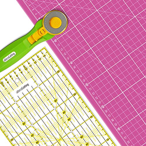 Schneidematte Set A1 (60x90cm) Pink, selbstheilend inkl. Rollschneider und 1x Altera Universal-Lineal 60x15cm, Patchwork- Quilt, Rollschneider-Lineal Gelb von Altera