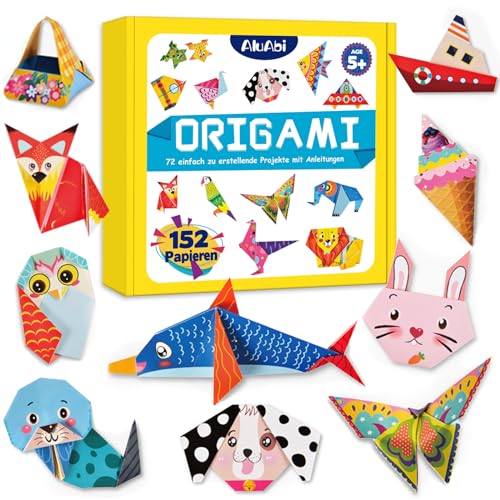 AluAbi Das bunte Origami Kit für Kinder ab 5, 144 Blätter Origami Papier für Kinder, kinder origami set, 72 Muster mit Bastelanleitung Buch (14X14 cm) von AluAbi