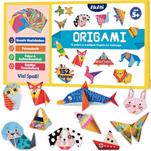 AluAbi Das bunte Origami Kit für Kinder ab 5, 144 Blätter Origami Papier für Kinder, kinder origami set, 72 Muster mit Bastelanleitung Buch (14X14 cm) von AluAbi