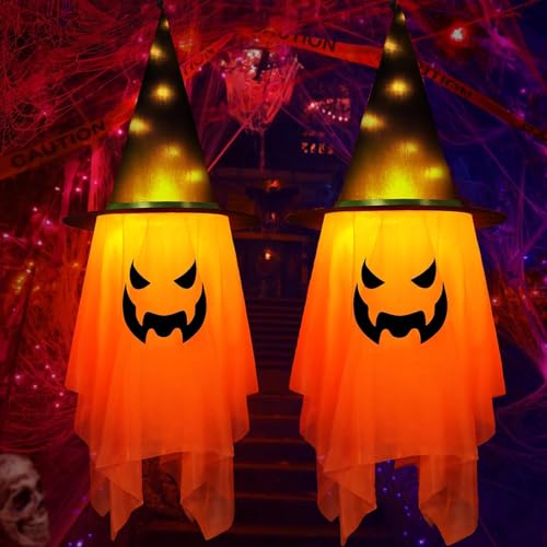 2 Stück Hängende Geister mit Hexenhut, Aluusy Deko Halloween Lichterkette Batterie, Halloween Geist für Party, Innen, Terrasse, Vorgarten, Baum Dekoration-Orange Erweiterte Größe 105 x 35.5 cm von Aluusy