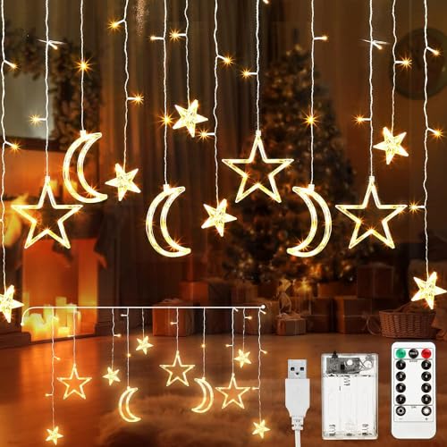 Aluusy Lichterkette Ramadan 3,5m LED Sterne Mond Lichterketten Batterie/USB Lichtervorhang mit Timer & Fernbedienung, Lichterkette Vorhang Innen Außen Deko für Ostern, Party, Fenster, Hochzeit von Aluusy