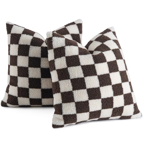 AmHoo 2er Set Dekorative Kissenbezug Schachbrett Dekokissen Sofakissen Luxus Super Sanft Kunstpelz Wolle Set Fall Kissen für Couch Sofa Schlafzimmer 45x45 cm Braun von AmHoo