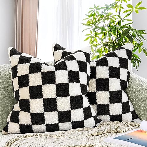 AmHoo 2er Set Dekorative Kissenbezug Schachbrett Dekokissen Sofakissen Luxus Super Sanft Kunstpelz Wolle Set Fall Kissen für Couch Sofa Schlafzimmer 45x45 cm Schwarz von AmHoo
