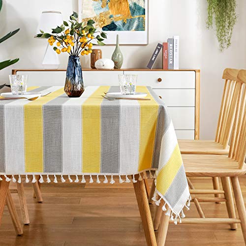 AmHoo Gestreifte Quasten-Tischdecke, rechteckig, Baumwoll-Leinen-Stoff, Tischabdeckung für Küche, Esstisch, 137 x 250 cm, Gelb von AmHoo