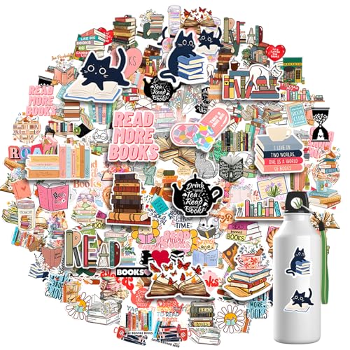 Amabro 100 Stück Buchaufkleber Leseaufkleber, Bookish Katze Bücherwurm Wasserflaschen Aufkleber niedliche wasserfeste Vinyl Aufkleber Kawaii Kätzchen für Laptops Buchliebhaber Scrapbook Zubehör von Amabro