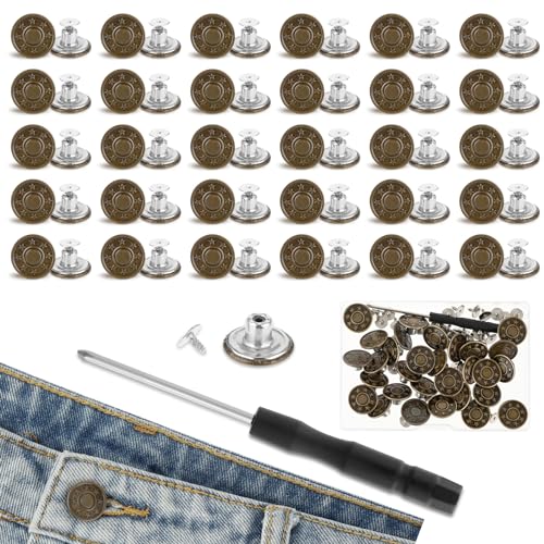 Amabro 30 Stück Jeans Knopfnadeln ohne Nähen, abnehmbare sofortige Metallknöpfe für Hosen Ersatz Hosenknopfspanner verstellbares wiederverwendbares Kit mit Gewinde Nieten und Schraubendreher(20mm) von Amabro