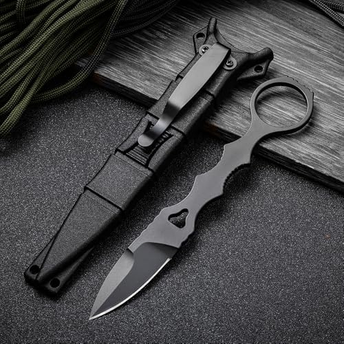 Tragbares Messer mit fester Klinge und Scheide. Campingmesser mit Klinge aus 440c-Stahl. Tragbares Messer mit fester Klinge und Kydex-Scheide mit Scheide und Messerclip (Schwarze Vollklinge 02) von Amacigana