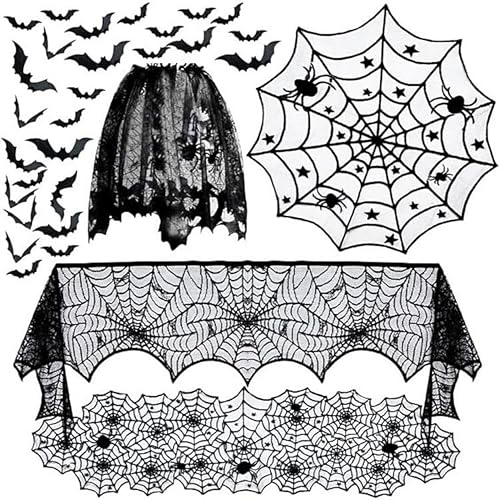 5-Pack Halloween Dekorationen Sets Spinnennetz Tischdecke Kamin Mantel Schal Runde Spinnennetz Tischdecke Lampenschirm mit 60pcs Scary 3D Fledermäuse für Halloween Party Supplies von Amajoy