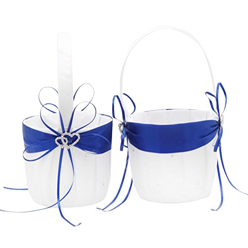 Amajoy Blumenkorb für Blumenmädchen, für Strand, Hochzeit, Weiß und Königsblau, mit Doppel-Herz-Strass-Dekor, 2 Stück von Amajoy