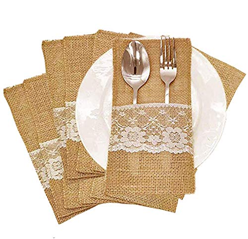 Amajoy Küchenutensilienhalter aus Naturjute und Spitze, Messer, Gabeln, Tasche, Besteckbeutel, Party, Brautdusche, Hochzeit, Geschirr, Taschen, 50 Stück von Amajoy