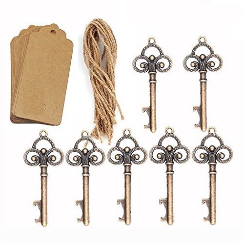 Rustikale Schlüssel und Flaschenöffner, 50 Stück, gut als Gastgeschenk für Hochzeiten, mit 50 Kärtchen und Schnüren, für Gäste, Partyzubehör von Amajoy