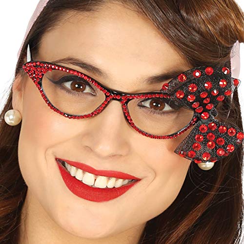 Amakando 50er Vintage-Brille mit Strass & Schleife/Schwarz-Rot/Rockabella Kostüm-Zubehör für Frauen/Perfekt geeignet zu Fasching & Karneval von Amakando