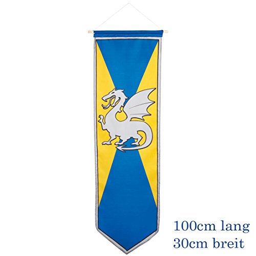 Amakando Fahne mit Wappen - gelb-blau - Ritterwappen mit Drachen Wappenbanner Kindergeburtstag Flagge Mottoparty Deko Rittergeburtstag Ritterwappen mit Drachen von Amakando