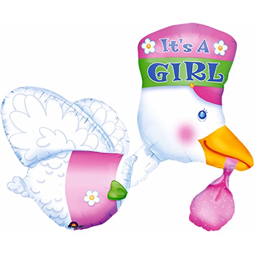 Amakando Folienballon Storch - It's a Girl - Pullerparty Luftballon Babyparty Folien Ballon Geburt Folienluftballon 3D Party Balloon Luftballon Geburt von Amakando