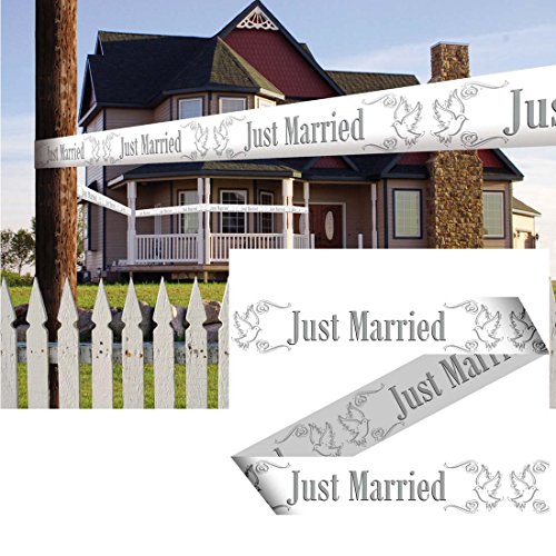 Amakando Hochzeitsdeko Sperrband Hochzeit Absperrband Just Married 15 m Partyband Trauung Flatterband Hochzeitsband Begrenzungsband Weiss Foliensperrband von Amakando