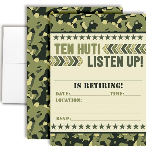 Amanda Creation Einladungen zum Ruhestand im Militärstil, 20 Ausfüllkarten "Ten Hut!" Camouflage-Thema, Ruhestandseinladungen mit zwanzig weißen Umschlägen, 12,7 x 17,8 cm, doppelseitige Karten von Amanda Creation