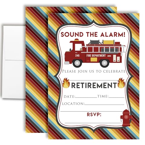 Amanda Creation Sound the Alarm Feuerwehrmann Ruhestandsparty-Einladungen, 20 Ausfüllkarten, Feuerwehrauto-Thema, Ruhestandseinladungen mit zwanzig weißen Umschlägen, 12,7 x 17,8 cm, doppelseitige von Amanda Creation