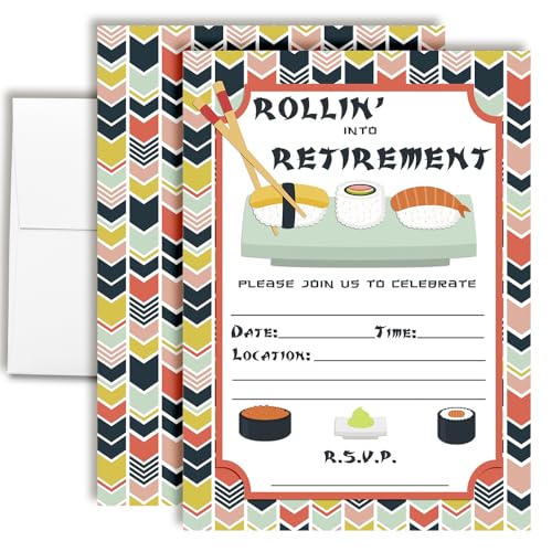 Amanda Creation Sushi-Einladungen zum Ruhestand – 20 Ausfüllkarten "Rollin' Into Retirement" Einladungen mit zwanzig weißen Umschlägen – lustige Sushi-Themen-Feierkarten – 12,7 x 17,8 cm, doppelseitig von Amanda Creation