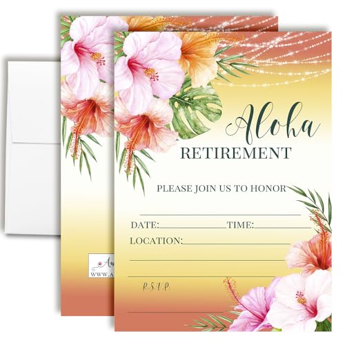 Amanda Creation Tropische Aloha Ruhestandsparty-Einladungen – 20 Ausfüllkarten Aloha-Einladungen zum Ruhestand mit zwanzig weißen Umschlägen – 12,7 x 17,8 cm doppelseitige Karten von Amanda Creation