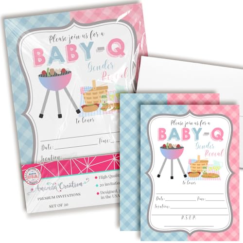 AmandaCreation Baby-Q BBQ-Einladungen, zum Auffüllen, 12,7 x 17,8 cm, Grill- und Picknick-Themenkarten mit Umschlägen, rosa und blau, Gingham-Muster, 20 Stück von Amanda Creation