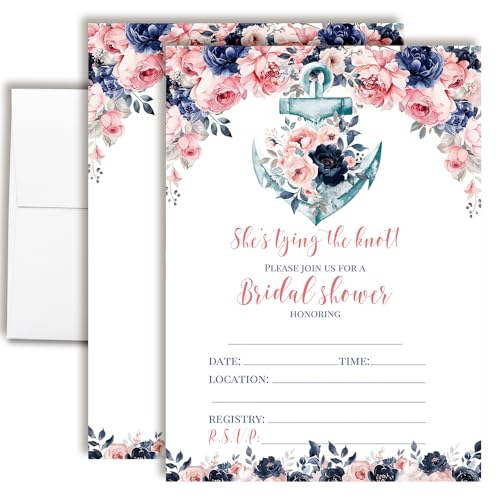 AmandaCreation Einladungen für Brautpartys mit Blumenanker, 20 Stück, 12,7 x 17,8 cm, mit Umschlägen, Aufschrift "She's Tying the Knot", Hochzeitseinladungen von Amanda Creation