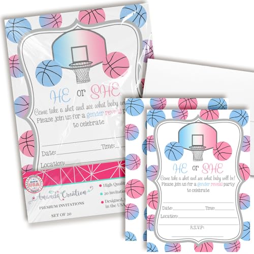 AmandaCreation Einladungen zum Ausfüllen des Geschlechts – 20 Einladungen zum Ausfüllen der Babyparty mit Umschlägen – Pink und Blau, Sportmotiv von Amanda Creation