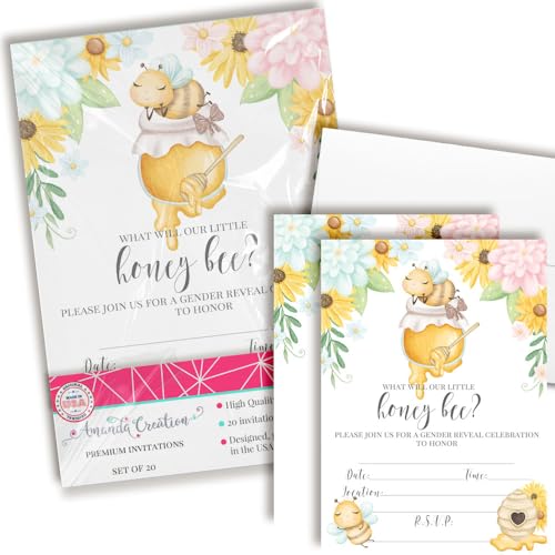 AmandaCreation Einladungen zum Ausfüllen des Geschlechts – 20 Einladungen zum Ausfüllen der Babyparty mit Umschlägen – niedliche Einladungen mit Bienen-Motiv von Amanda Creation