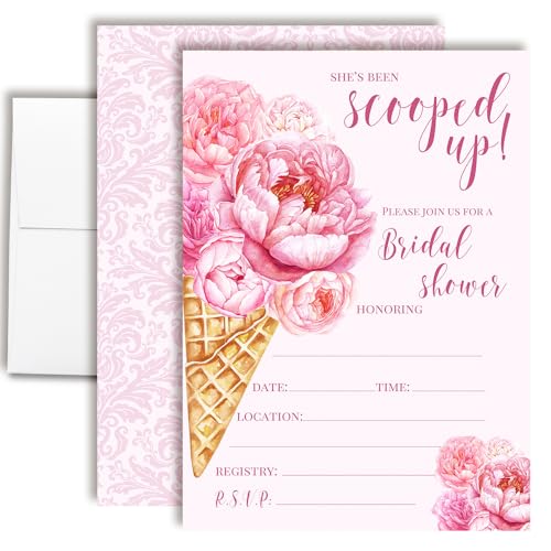 AmandaCreation Einladungskarten für Brautparty, 20 Stück, 12,7 x 17,8 cm, rosa Pfingstrosen, Eistüten-Karten mit Umschlägen, skurrile Blumeneinladungen für Hochzeitsfeiern von Amanda Creation