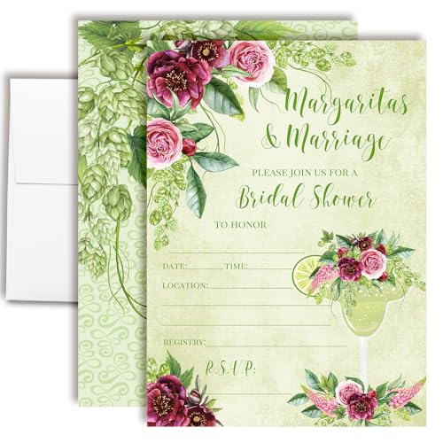 AmandaCreation Einladungskarten für Brautpartys, Margaritas & Marriage – 20 Fiesta 12,7 x 17,8 cm große Karten zum Ausfüllen mit Umschlägen, Blumen-Margarita-Thema, Hochzeitseinladungen von Amanda Creation