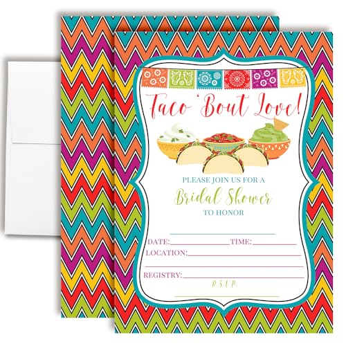AmandaCreation Einladungskarten für die Brautparty, Motiv: Taco 'Bout Love Brautparty, 12,7 x 17,8 cm, bunte Fiesta-Themenkarten mit Umschlägen, lustige mexikanische Hochzeitseinladungen, 20 Stück von Amanda Creation
