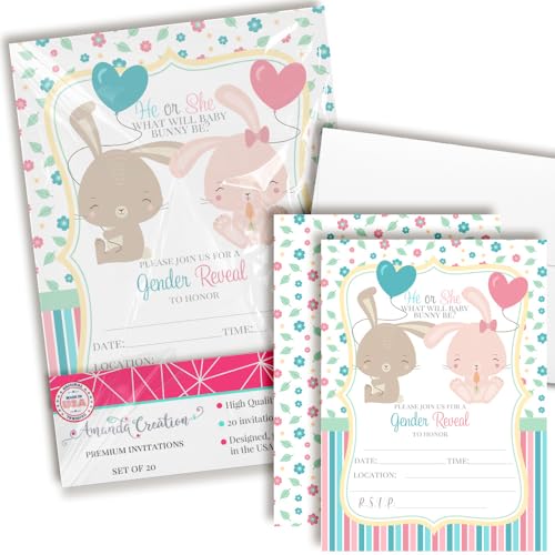 AmandaCreation Einladungskarten mit Aufschrift "He or She Bunny Gender Reveal", 12,7 x 17,8 cm, mit Umschlägen, niedliches Aquarell-Hasen-Motiv, 20 Stück von Amanda Creation