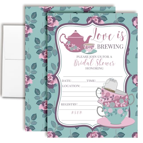 AmandaCreation Einladungskarten mit Aufschrift "Love Is Brewing Teeparty", Brautparty, 12,7 x 17,8 cm, mit Umschlägen, 20 Stück von Amanda Creation