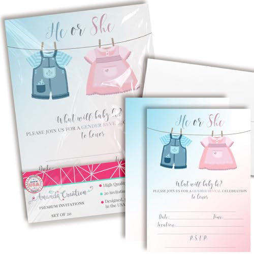 AmandaCreation Einladungskarten mit Baby-Wäscheleinen-Design, 20 Karten zum Ausfüllen, 12,7 x 17,8 cm, mit Umschlägen, niedliche Babyparty-Einladungen für Jungen oder Mädchen von Amanda Creation