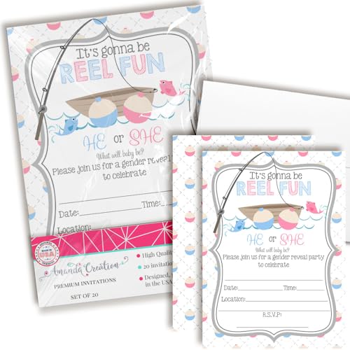 AmandaCreation Einladungskarten zum Ausfüllen der Babyparty, mit Umschlägen, niedliches Bobber- und Fischmotiv, 20 Stück von Amanda Creation