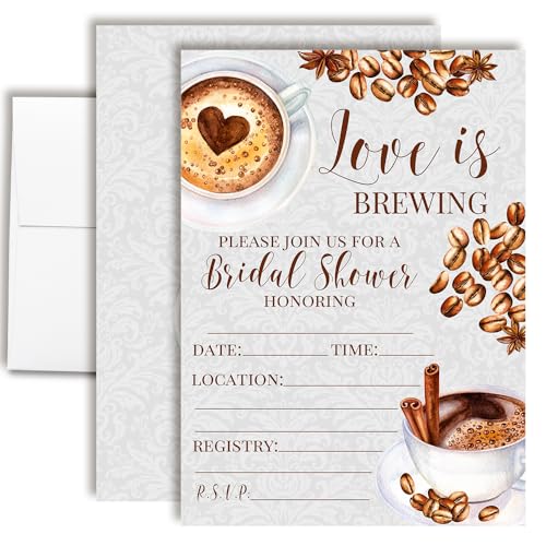 AmandaCreation Einladungskarten zur Brautparty, Aufschrift "Love Is Brewing Coffee" – 20 gemütliche 12,7 x 17,8 cm große Karten mit Umschlägen, rustikale Kaffee-Themen-Hochzeitseinladungen AmandaCreation Einladungskarten zur Brautparty, Aufschrift "Love Is Brewing Coffee" – 20 gemütliche 12,7 x 17,8 cm große Karten mit Umschlägen, rustikale Kaffee-Themen-Hochzeitseinladungen von Amanda Creation