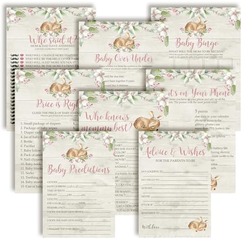 Baby-Party-Spiele, 8-teiliges Set, rosa Aquarell, kleines Hirsch, Wald, Blumenmuster, 80 doppelseitige Karten für 20 Gäste, Babyparty-Bingo, Baby-Vorhersagen und Aktivitäten für Gäste, Thema für Baby-Party-Spiele, 8-teiliges Set, rosa Aquarell, kleines Hirsch, Wald, Blumenmuster, 80 doppelseitige Karten für 20 Gäste, Babyparty-Bingo, Baby-Vorhersagen und Aktivitäten für Gäste, Thema für von Amanda Creation