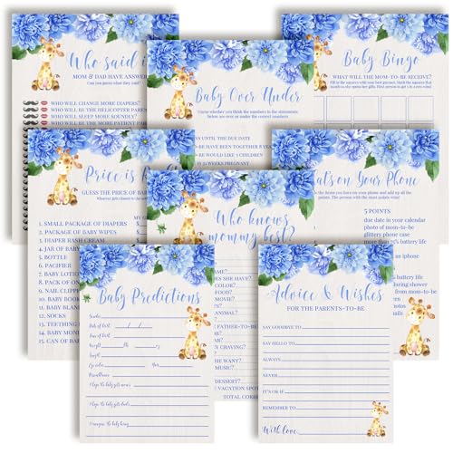 Babyparty-Spiele, 8-teiliges Set, Aquarell-Dahlie, Blumenjunge, Giraffe, 80 doppelseitige Karten für 20 Gäste, Babyparty-Bingo, Baby-Vorhersagen und Aktivitäten für Gäste, Babyparty-Thema für Jungen von Amanda Creation