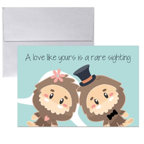 Lustige Hochzeitskarte für Brautpaare – Seltener Sighting Silly Big Foot Themed Gruß für Braut und Bräutigam Hochzeitstag - Glückwunsch an das glückliche Paar, 10,2 x 15,2 cm Karte mit silbernem von Amanda Creation