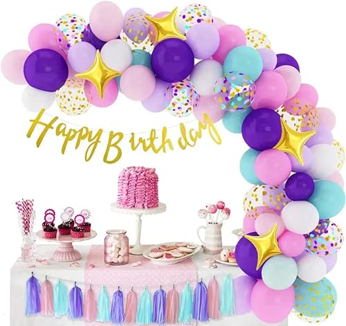 Geburtstags Luftballons Girlanden Set, Violett Rosa Konfetti Metallic Luftballons mit "Happy Birthday" Banner & Quasten, für Geburtstags Party Dekorationen von Amandir