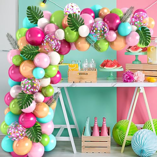 Tropische Luftballons Girland Set, 109 Stück Tropische Hawaii Pinke Konfetti Luftballons Geburtstag mit Palmblätter, für Babyparty, Hochzeit, Party-Dekorationen von Amandir