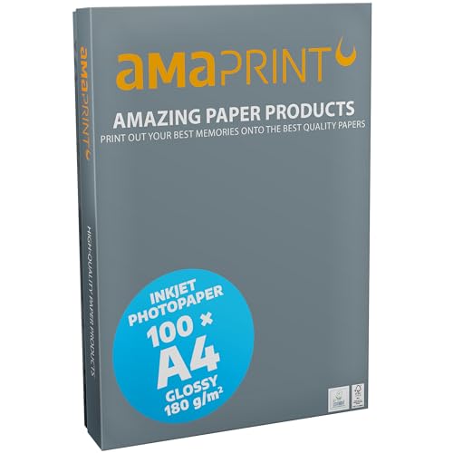 Amaprint 100 Blatt Fotopapier A4 glänzend 180g/m² für Tintenstrahldrucker - hochglänzend - wasserfest von Amaprint