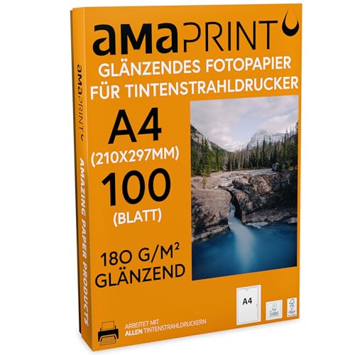 Amaprint 100 Blatt Fotopapier A4 glänzend 180g/m² für Tintenstrahldrucker - hochglänzend - wasserfest von Amaprint