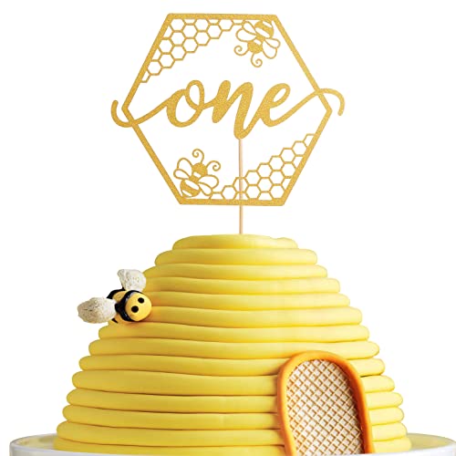 Bumble Bee One Cake Topper – Gold Glitter Honeycomb 1st Cake Topper, Boy Girls Bee Honey Thema First Birthday Party Bee Thema Baby Shower Party Dekoration, Fun To Bee One Honeycomb Cake Topper von AmarYYa